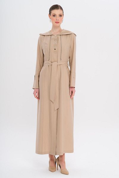 Olcay Hooded Mesh and Cord Detailed Unstuffed Modal Top Coat Bej 6739
