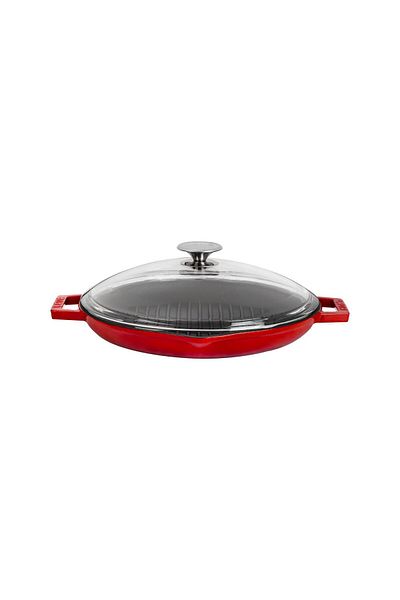 Lava Cast Round Grill Pan with Glass Lid Cast Iron Solid Double Handles Diameter (Ø) 30cm.