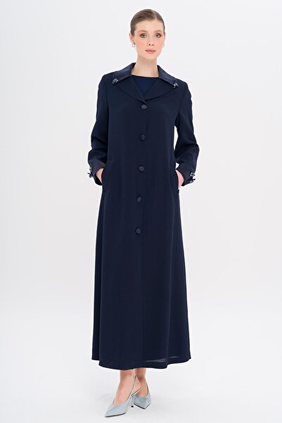 Olcay Top Collar Satin Garnished Stone Accessory Lined Large Size Top Coat Dark Blue 6718