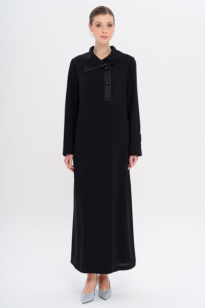 Olcay Satin Garnished Buttons Lined with Stones Large Size Top Coat Black 6719