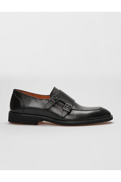 Cabani Genuine Leather Black Double Buckle Men's Classic Shoes