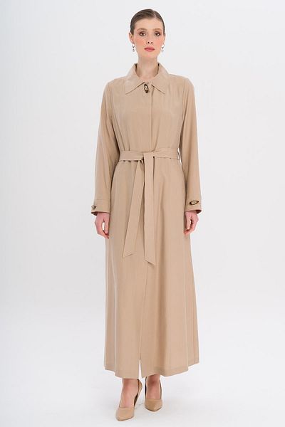Olcay Shirt Collar Accessory Detailed Unlined Modal Large Size Top Coat Bej 6745