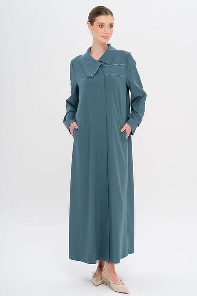 Olcay Handkerchief Collar Pattern and Stone Detailed Unlined Large Size Top Coat Mi̇nt 6714