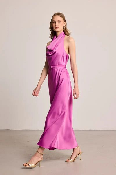 Gusto Halter Neck Long Satin Dress - Fuchsia