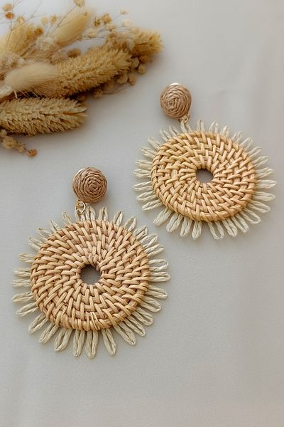 COSİTA Straw Water Drop Oversized Tassel Coffee Summer Dress Bag Combination Dangle Earrings