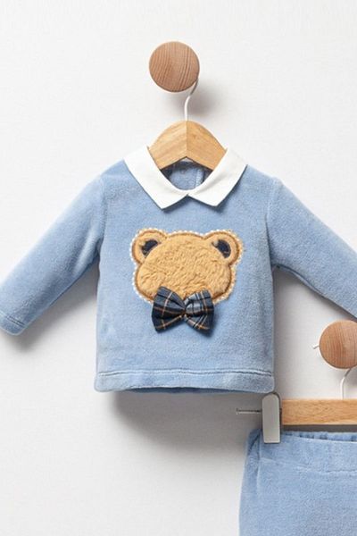 Cassiope Curly Bear Themed 2-Piece Set for Baby Boy - Soft Touch Bow and Booties Bottom-Top Set