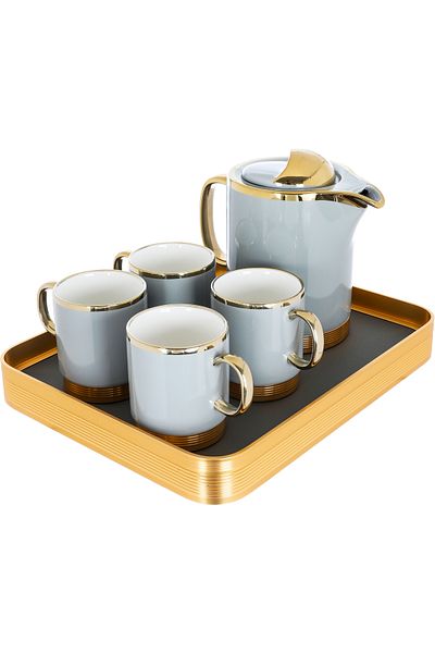 Alsaif Gallery Empire Al Saif Gallery Porcelain Tea Serving Set, 250 ml/1 liter, Jug, 4 Cups, Tofaria - Golden Gray