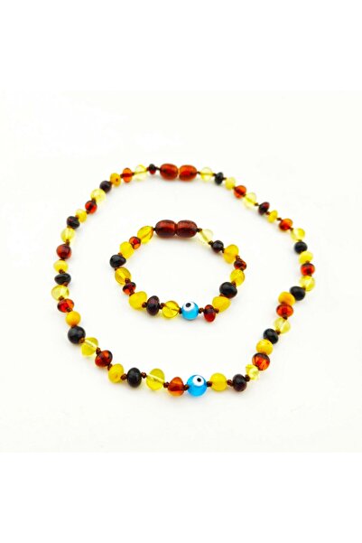 PİGADO Litvanya Amberi Damla Kehribar Bebek Dişi Kolye Bileklik Seti