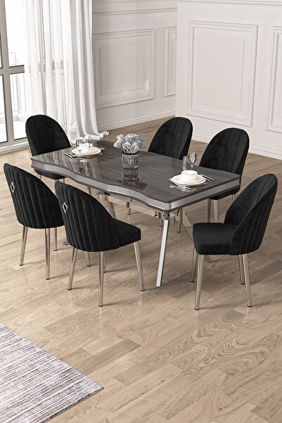 Canisa Pem Serisi 90x160 Lak Panel Antrasit İroni Krom Ayak  Masa Takımı 6 Si...