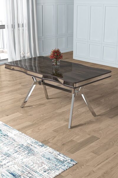 Canisa Pem Serisi 90x160 Lak Panel Antrasit İroni Krom Ayak  Masa Takımı 6 Gri Sandalye