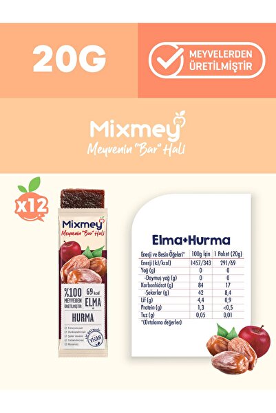 mixmey Hurma Meyve Barı 12 Adet | Sağlıklı Atıştırmalıklar – Vegan, Glutensiz, Koruyucusuz (20GR X 12 ADET)
