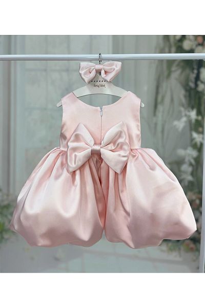 Bertuğ Bebek Balloon Skirt Girl's Baby Evening Dress Satin Pink Dress