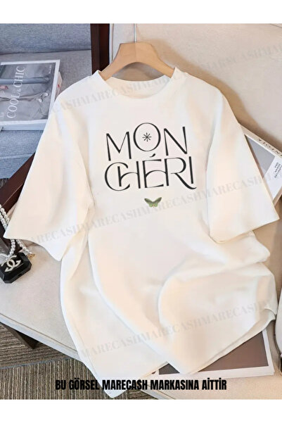 MARECASH Unisex Mon Cheri Baskılı Oversize T-shirt Yazlık Renkli Pamuklu