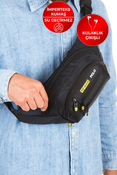 CERFF LEATHER CLUP Geantă neagră pentru umăr și talie din material impermeabi...