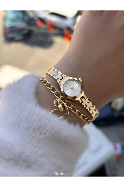 Bonicce Minimal Case Women's Wristwatch Bracelet with Gold Color Vintage Metal Band - Diameter 20mm