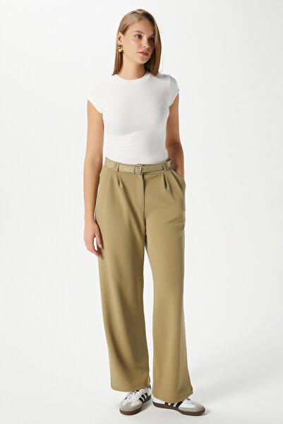 Ritnice Kadın Rena Kemerli Likralı Yağ Yeşili Palazzo Pantolon