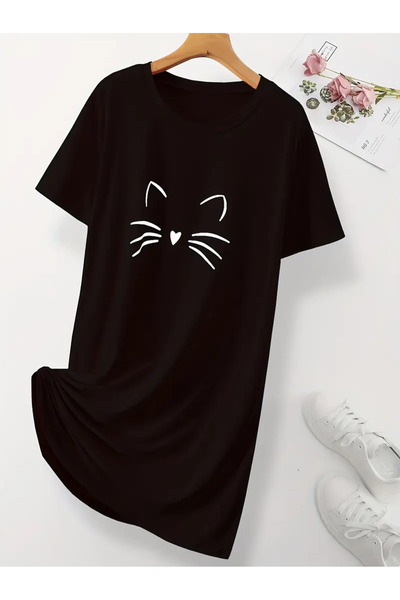 Pink Sky Büyük Beden Kadın Kısa Kollu Bisiklet Yaka T-shirt Elbise Gecelik