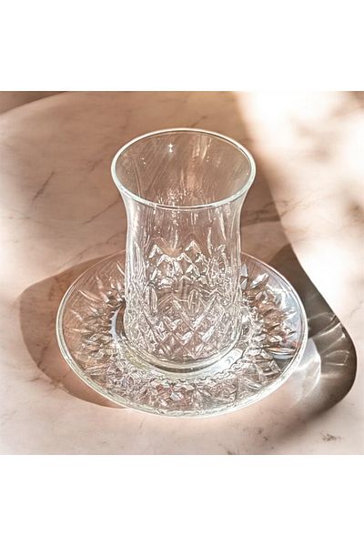 ALLEGRI Lava Crystal Cut 6-Piece Glass Tea Cup and Saucer Set – Special Design, Luxurious Presentation