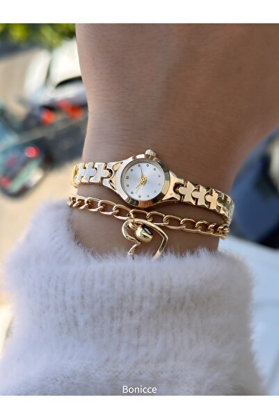 Bonicce Minimal Case Women's Wristwatch Bracelet with Gold Color Vintage Metal Band - Diameter 20mm