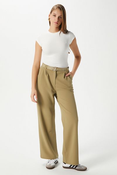 Ritnice Women's Rena Belted Lycra Fat Green Palazzo Trousers