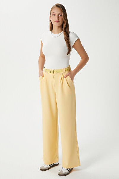 Ritnice Kadın Rena Kemerli Likralı Sarı Palazzo Pantolon
