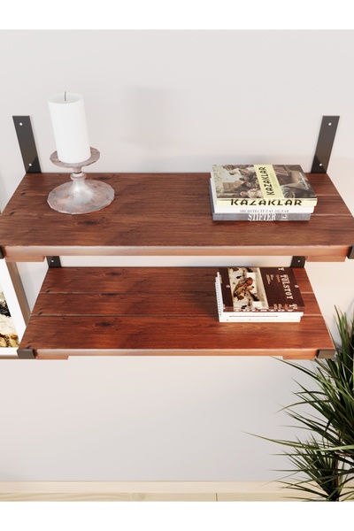 The N Wood Rose 2'li Doğal Ahşap Duvar Rafı 50x24 (CEVİZ RENK)