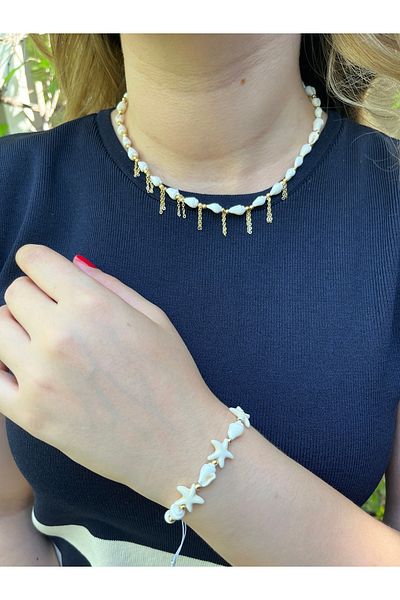 MODA Women's Summer Seashell & Beaded Jewelry Set - Necklace & Bracelet