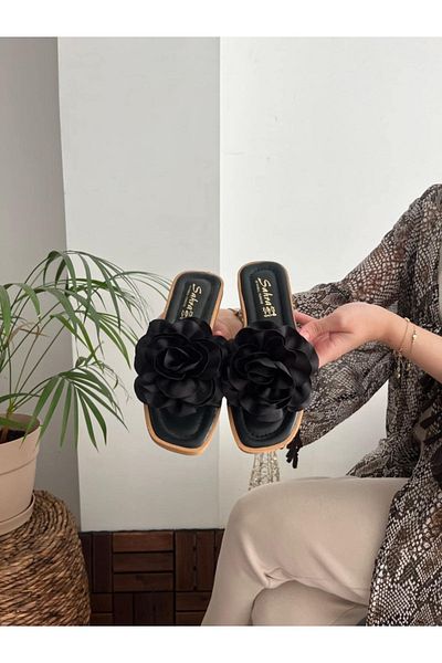 Behtah Kundura Women's Summer Black Rose Detailed Women's Slippers Sandals Comfortable Light Sole