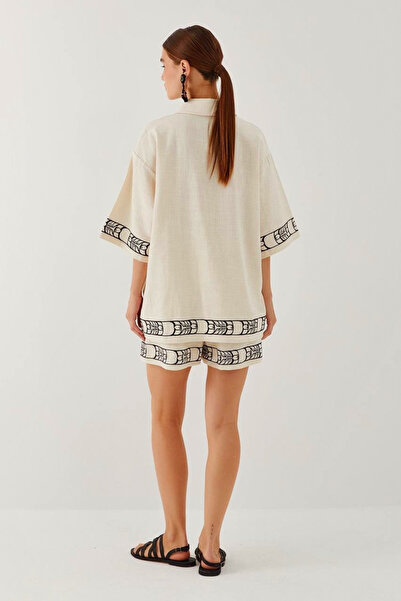 BRTC design Women's Cream Linen Ethnic Pattern Detailed Short Sleeve Shirt Shorts Set