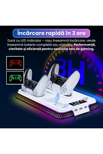 BiXXBi Stand Vertical cu Functie de Racire (Cooler), PS5 / PS5 Slim / PS5 Pro, Iluminare RGB, 3 Porturi USB