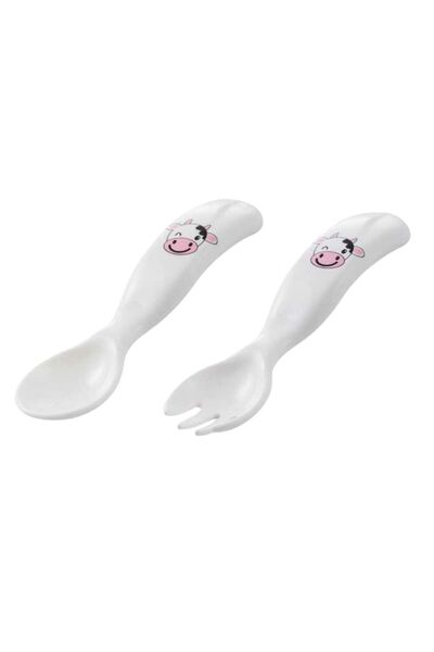 Mamajoo طقم شوكة ملعقة طعام أطفال مريحة تعليمية، نمط بقرة وردي، أبيض، 6 أشهر، مجموعة من قطعتين