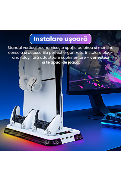 BiXXBi Stand Vertical cu Functie de Racire (Cooler), PS5 / PS5 Slim / PS5 Pro, Iluminare RGB, 3 Porturi USB