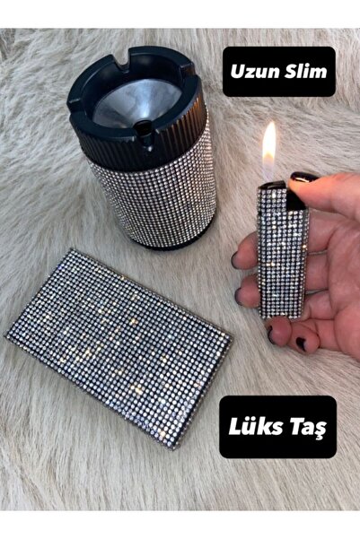 Lüks Taş Taşli Sigara Kutusu, Çakmak Ve Küllük (UZUN SLİM)