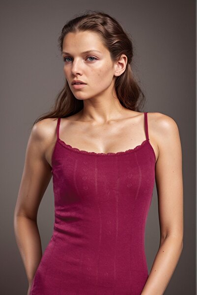 QKK Kadın %100 Pamuklu Jakarlı Yumuşak Kumaş İp Askılı Vişne 2'li Atlet Qİ3K13LK4E