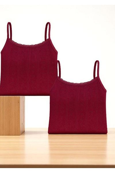 QKK Women's 100% Cotton Jacquard Soft Fabric Rope Strap Cherry 2-Piece Undershirt Qi̇3K13Lk4E
