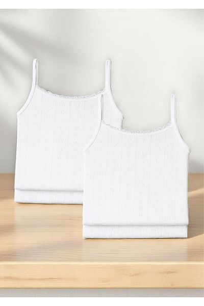 QKK Women's 100% Cotton Jacquard Soft Fabric Rope Strap White 2-Piece Undershirt Qi̇3K13Lk4E