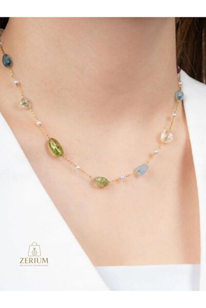 ZERİUM Premium Doğal Taş ve İnci Işıltısı VIP Kadın Çelik Kolye