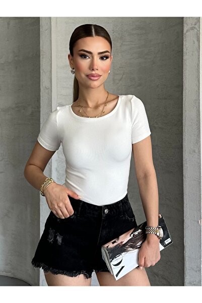 modazoom Women's Boat Neck Ecru Short Sleeve Blouse