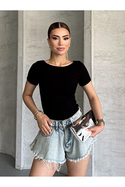 modazoom بلوزة نسائية ذات ياقة قارب وأكمام قصيرة باللون الأسود