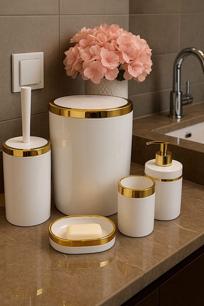 Makri 5-Piece Bathroom Set - Acrylic Dustpan, Wc Brush Holder, Liquid Soap Dispenser, Toothbrush Holder, Hand Soap Dispenser, Gold Color Detail