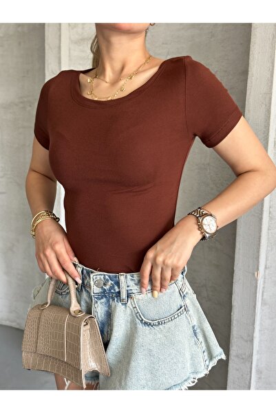 modazoom Women's Boat Neck Brown Short Sleeve Blouse