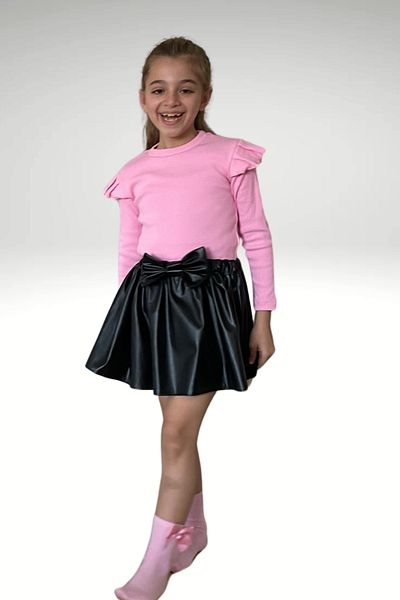 özge başaran Pink Leather Skirt and Ruffled Shoulder Socks Set for 6-9 Months to 7 Years