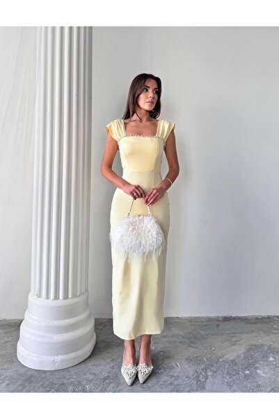 Afiş Butik Κίτρινο Φόρεμα με Πέτρινο Σχιστό Χοντρό λουράκι