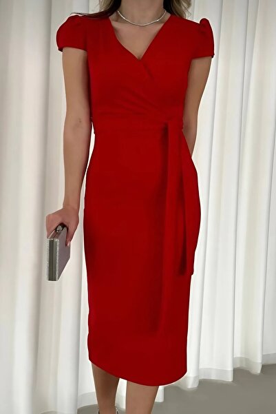 Varyete Kruvaze Yaka Kısa Kollu Yırtmaçlı Kuşaklı Abiye Elbise Davet Söz Düğün Nişan Mezuniyet