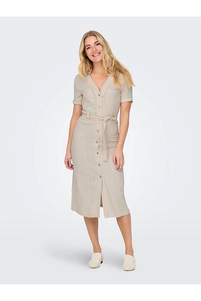 ONLY Μόνο Onlsiesta Linen Mixed Regular Fit V-λαιμόκοψη Midi φόρεμα με τσέπες 15347210