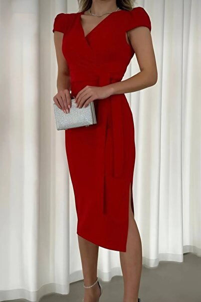 Varyete Kruvaze Yaka Kısa Kollu Yırtmaçlı Kuşaklı Abiye Elbise Davet Söz Düğün Nişan Mezuniyet