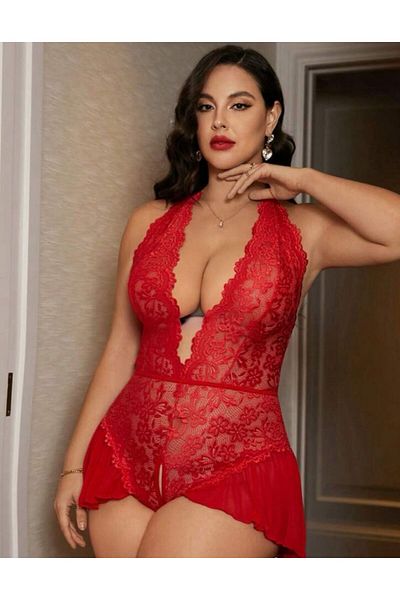 CindiyCurve Large Size Lace See-Through Nightgown