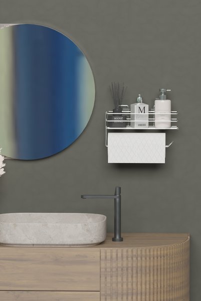 Hill Homes Roll Towel Holder with Adhesive Shelf Towel Paper Holder Bathroom Shelf Kitchen Organizer Rack Chrome Silver