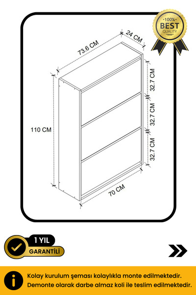 B3 Concept 3 Kapaklı Kayar Raflı 1. Kalite Ayakkabılık Düşer Kapaklı Modern Kapalı Ayakkabı Dolabı