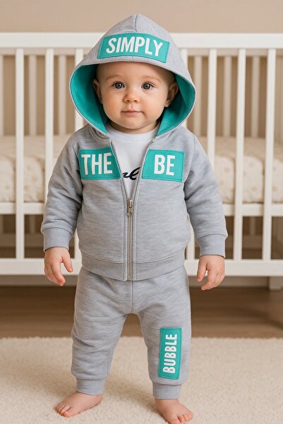 Babydonat مجموعة بدلة بغطاء للرأس مكونة من 3 قطع منقوشة بشكل بسيط للأطفال الأ...